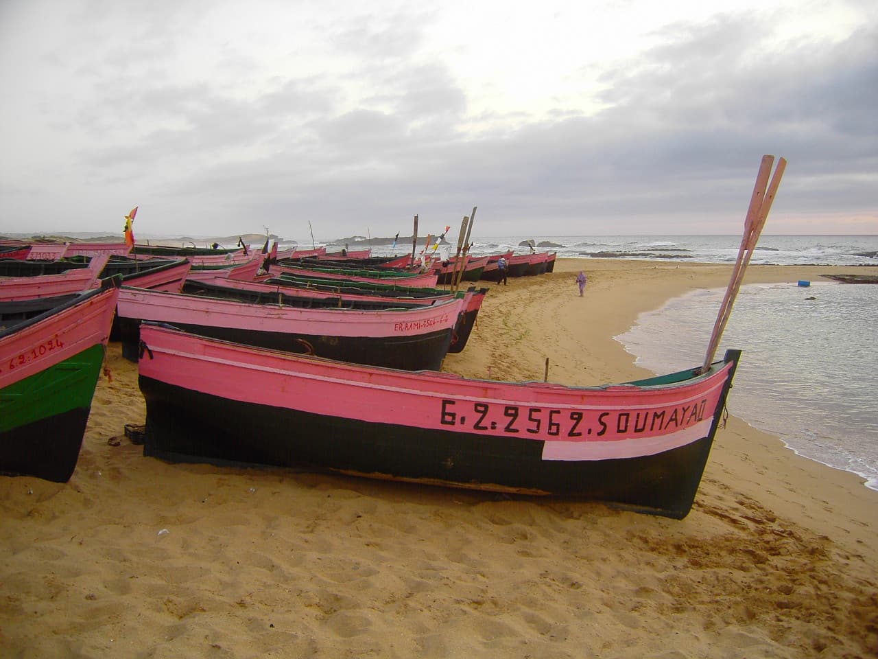 Barques de pêche roses et noires tirées sur le sable de la plage d'Oualidia